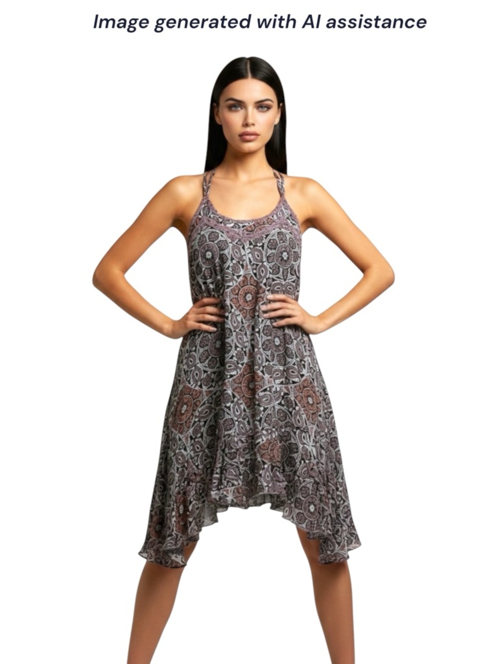 Sea Gypsies by Lost M mauve printed handkerchief hem mini dress